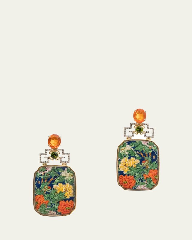 18K Yellow Gold Statement Earrings With Fire Opal, Tourmaline, And Diamonds